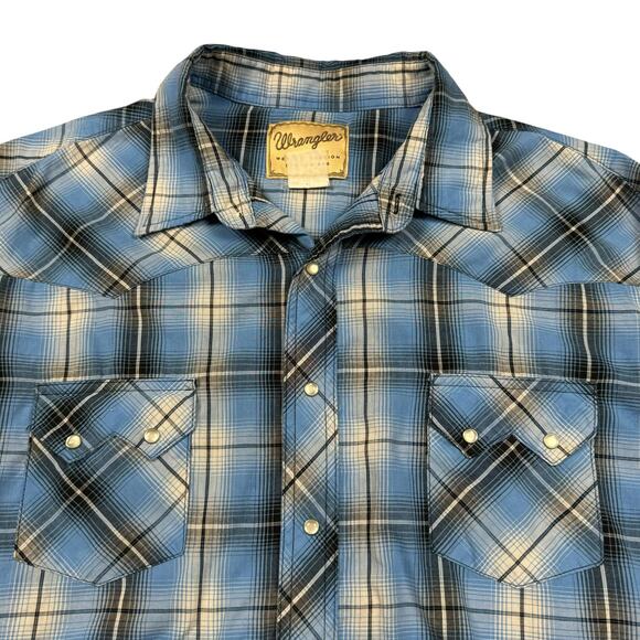 Pearl Snap Western Shirt Men's 3XL Wrangler Plaid Blue Long Sleeve Button Up - Picture 2 of 7
